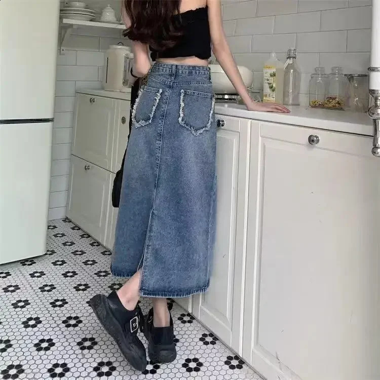 Plus Size Summer Trendy Korean Style Vintage Pocket Fringe n Sensibility Side Slit Denim Skirt For Women Mid Le... 250224
