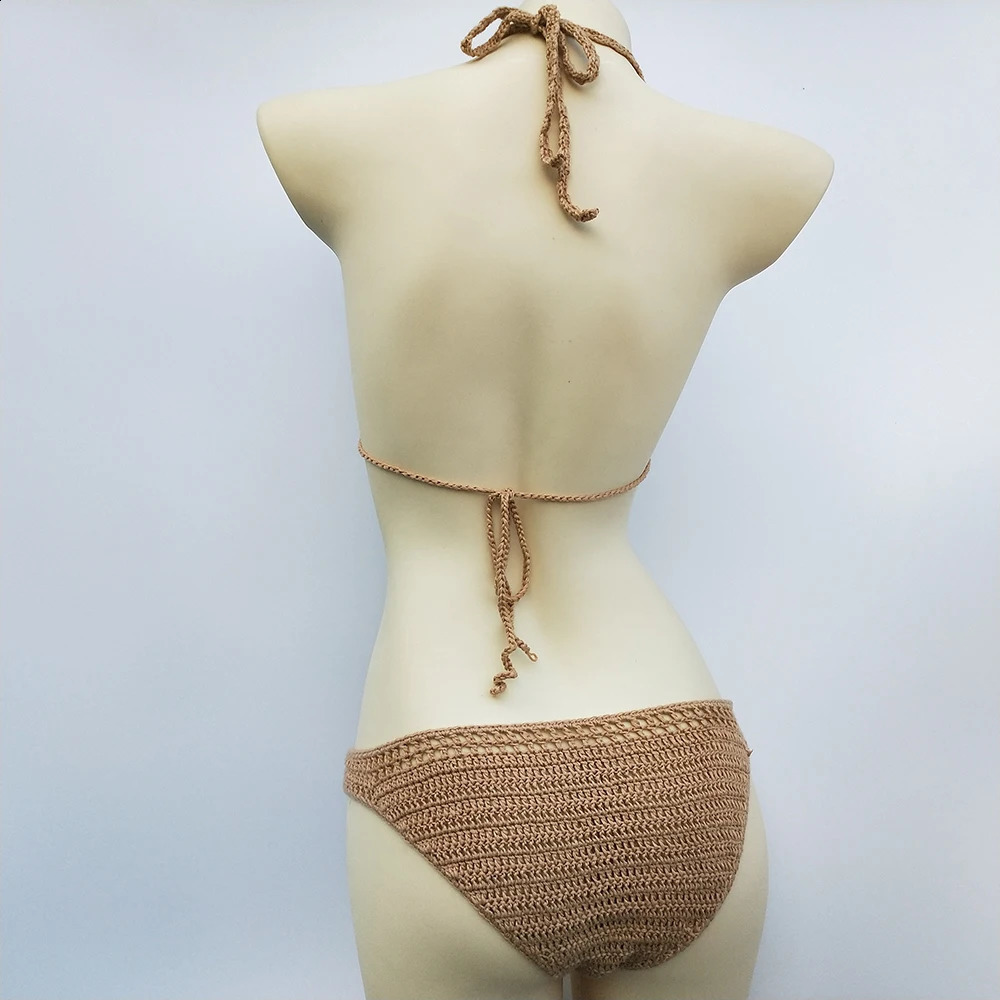 Have Lining Chest Pad Micro Bikini Set Women Crochet Sexy Swimsuit Solid Backless Swimwear Low Waist Bathing Suit Female 250227
