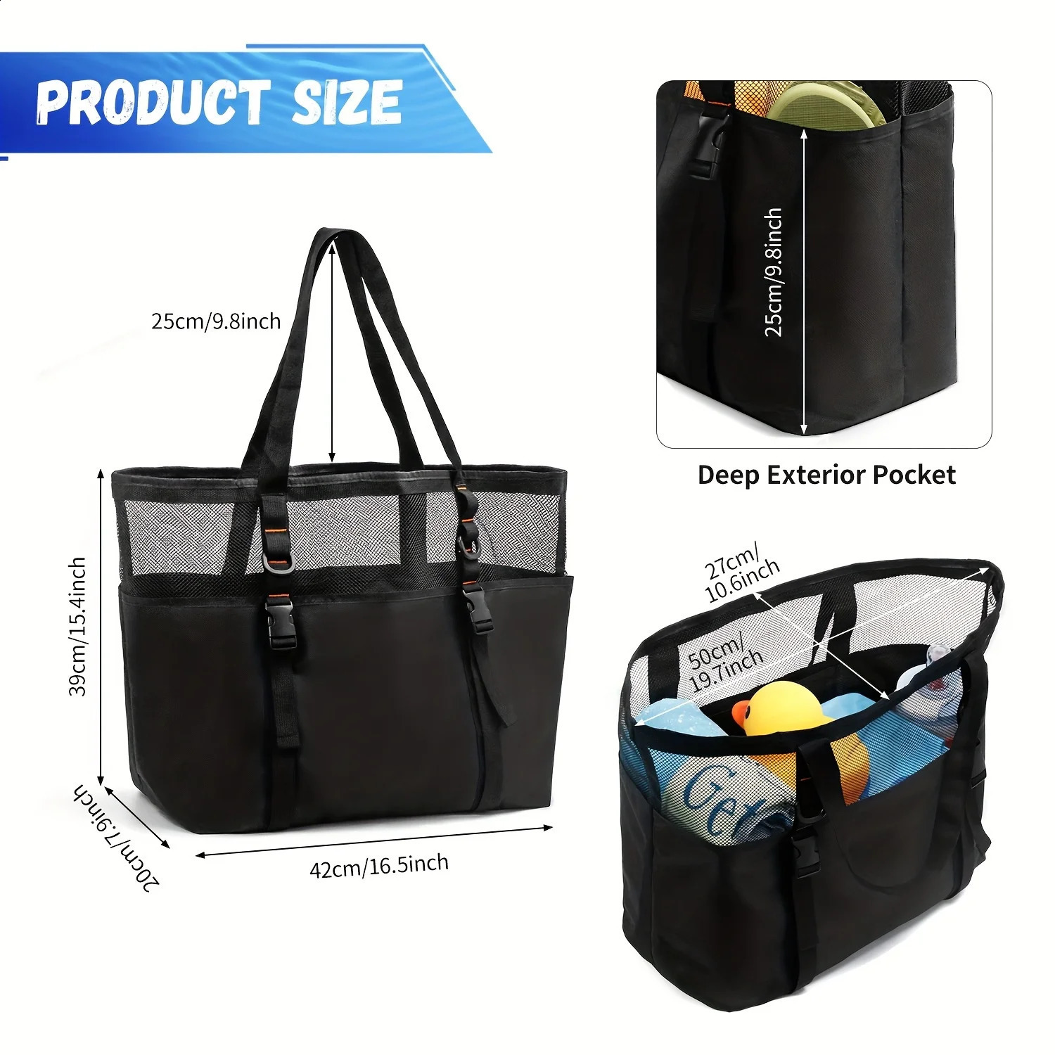Multiple Lightweight Pockets Foldable Black Mesh Beach Bag Mesh Duffel Bag Large Capacity Swimming Bag for Girl' s Gift 250305