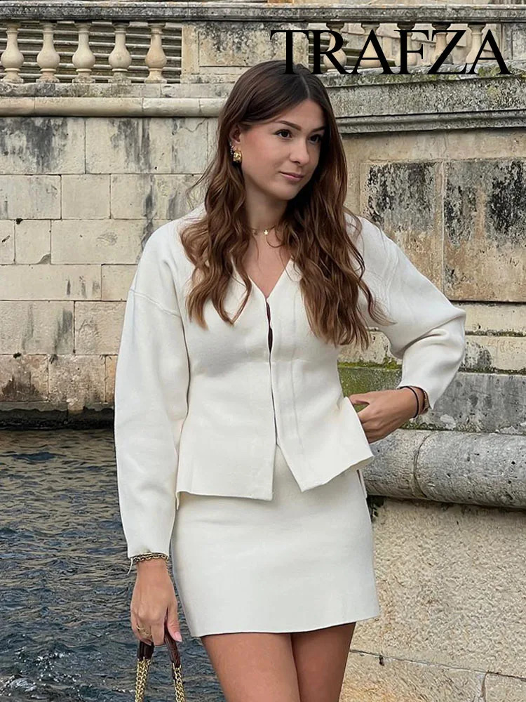 TRAFZA Women Spring Skirt Suits Solid V-Neck Long Sleeve Covered Button CardiganHigh Waist Knitted Mini Skirts Female Slim Sets 250225