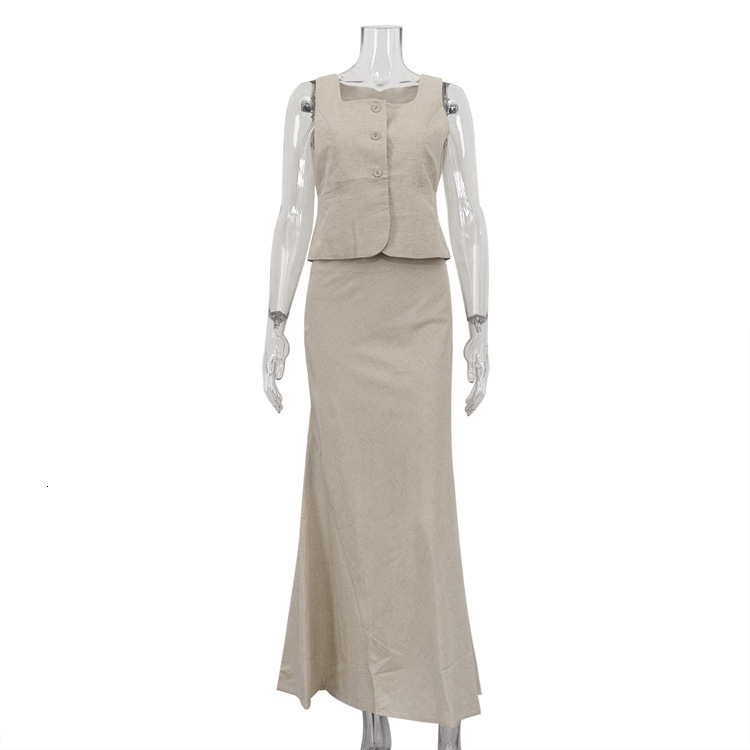 Women's Clothing New4 Autumn Cotton And Linen Set, High-End Temperament, Commuting Vest, Hip Bag Skirt Two-Piece Set