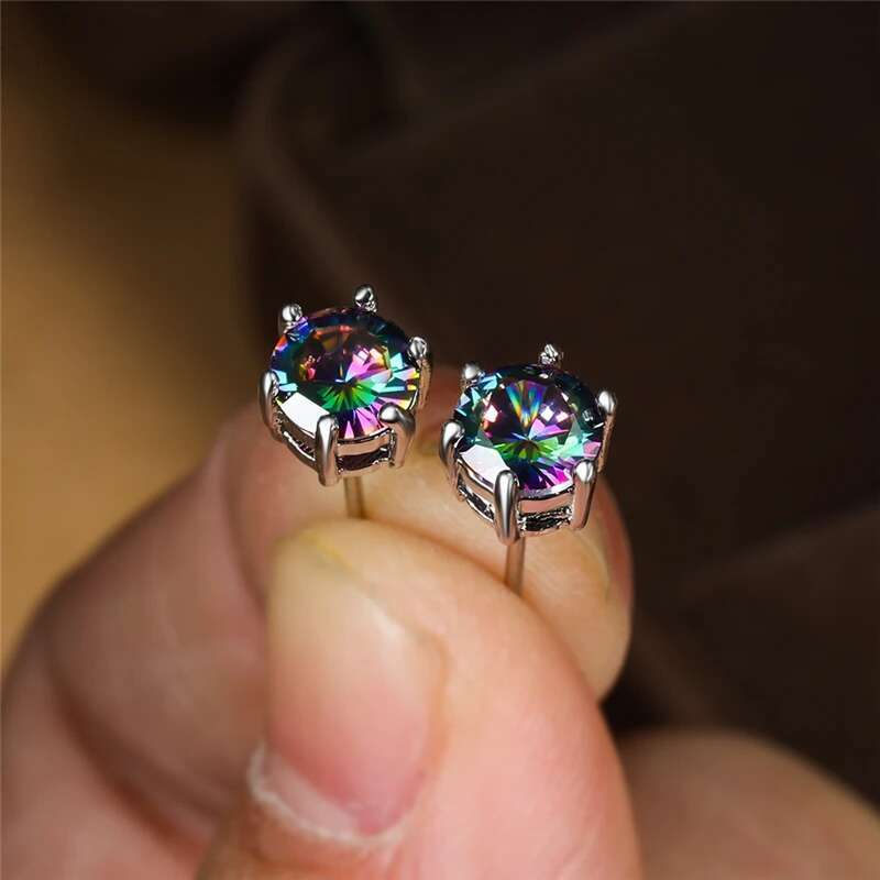 Punk Male Female Rainbow Crystal Stud Earrings Black Gold Sier Color Wedding Jewelry For Women Men Charm Round Zircon Earring