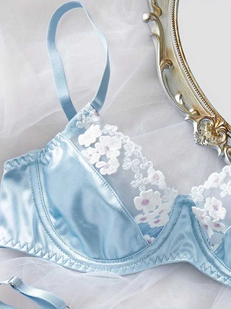 Sexy Blue Lingerie Set Fancy Seamless Underwear Luxury Satin Exotic Sets Delicate Embroidery Matching Outfits Push Up Bra SetXJ250301