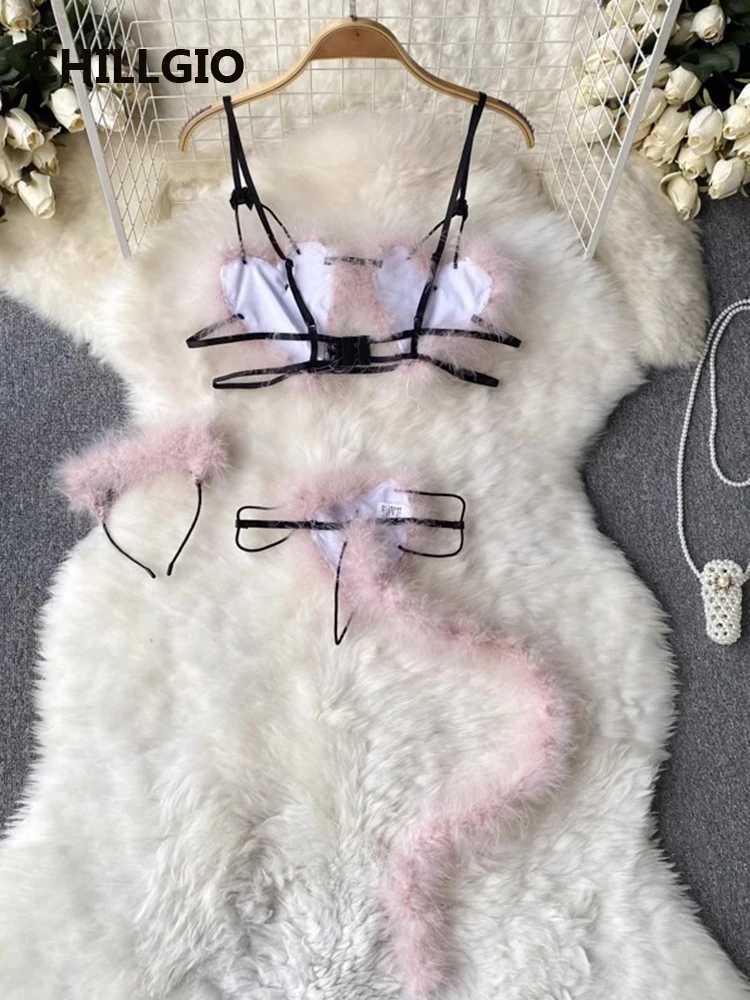 CHILLGIO Women Leopard Print Fur Bra Brief Suits Fashion Sleepwear Erotic Intimate Underwear Hotsweet Sexy Lingerie 4 Pieces SetXJ250301