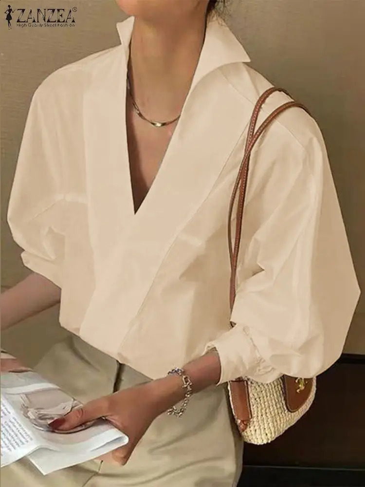 ZANZEA Fashion Womens Office Shirt Spring Collar OL White Blue Chic Sexy Upright Deep V-neck Puff Sleeve Tuned Top 250225