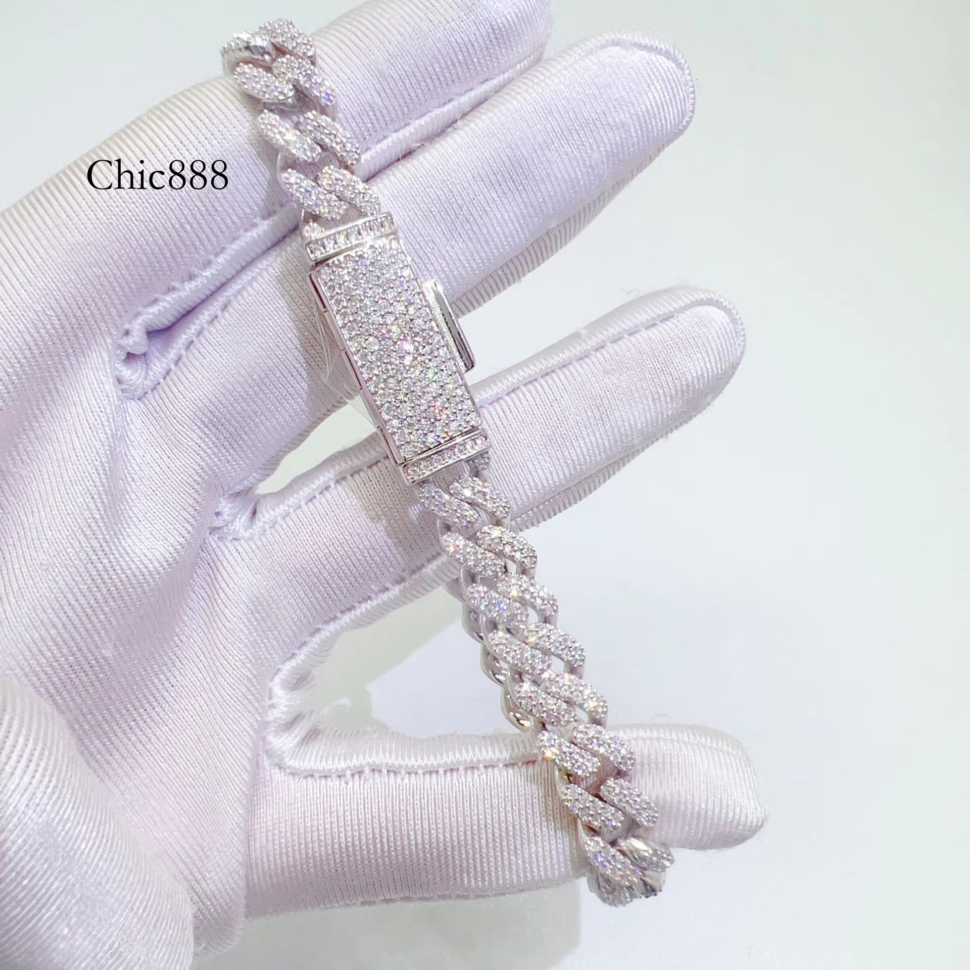 Sier Cuban k Bracelet with Moissanite Dia & Pearl 8mm Thin Two-Row Iced Out Hip Hop Style for Weddings and Gifts