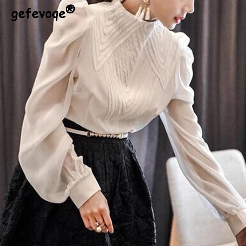 Spring Summer Office Lady Stand Collar Elegant Fashion Chiffon Shirt Femme Long Sleeve Solid All-match Pullover Top Women Blouse 250225