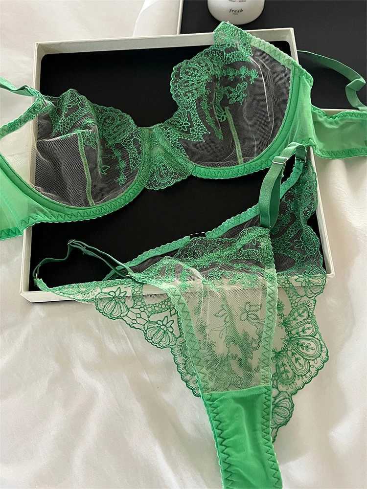 Women Green Lace Underwire Exotic Sets Sexy Sensual Brassiere Lingerie Set Underwear Set Perspective Bralette Bra and Panty SetXJ250301