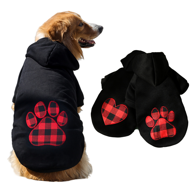 Stylish Dog Hoodie with Plaid Embroidered Heart, Dog Paw Pattern, Puppy Streetwear Autumn Winter Cotton Sweatshirt Fashion Outfit for Small Medium Lar