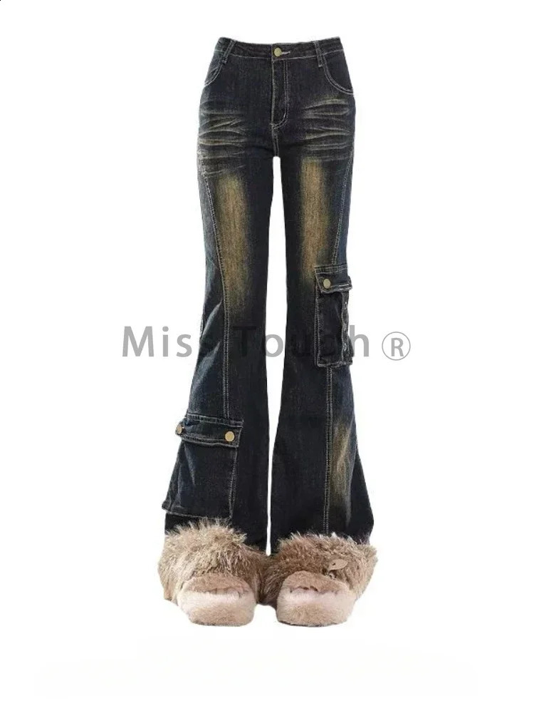 American Y2K retro plush splicing micro flash jeans womens Gyaru Y2K denim ultra-thin cargo pants cyberpunk Hip pop 2000s Tomboy 250225