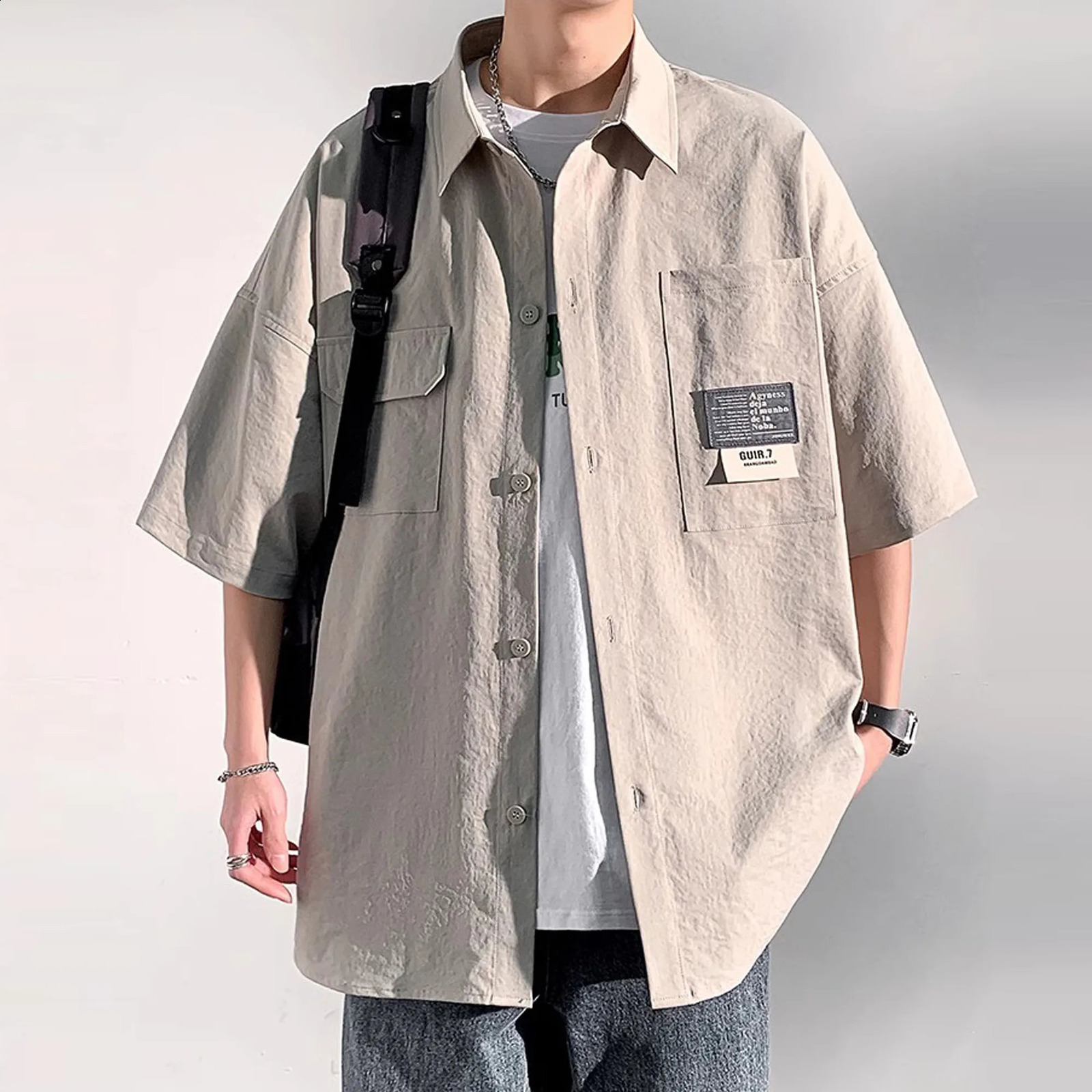 Summer mens 5XL ultra-fine short sleeved shirt Japanese casual lapel shirt street multi pocket mens Camisas 250225