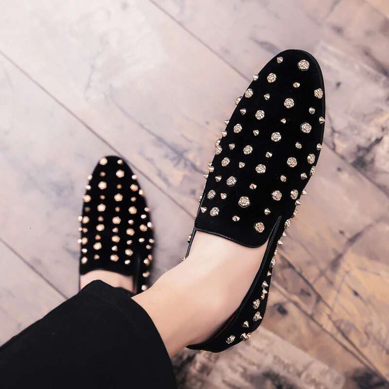2024 New Brand Black Spikes Mens Loafers Denim And Metal Sequins High Quality Casual Men Wedding Flats Shoes