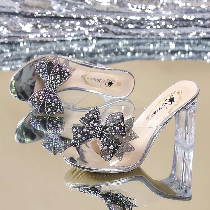 Heels Rimocy High Crystal Bowtie Slippers Women 2025 Summer Open Toe Transparent Pvc Sandals Woman Clear Heeled Party Slides