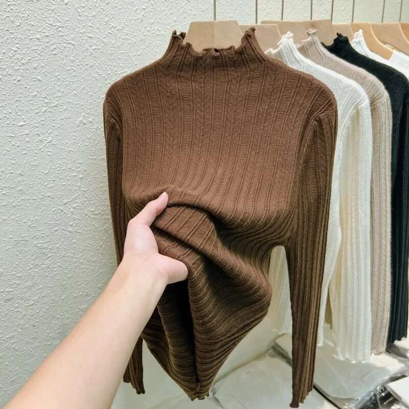 Autumn Winter Chic Ruched Sweaters Women Fashion Turtleneck Pullover Slim Long Sleeve Knitted Jumpers Soft Warm Pull Femme Top