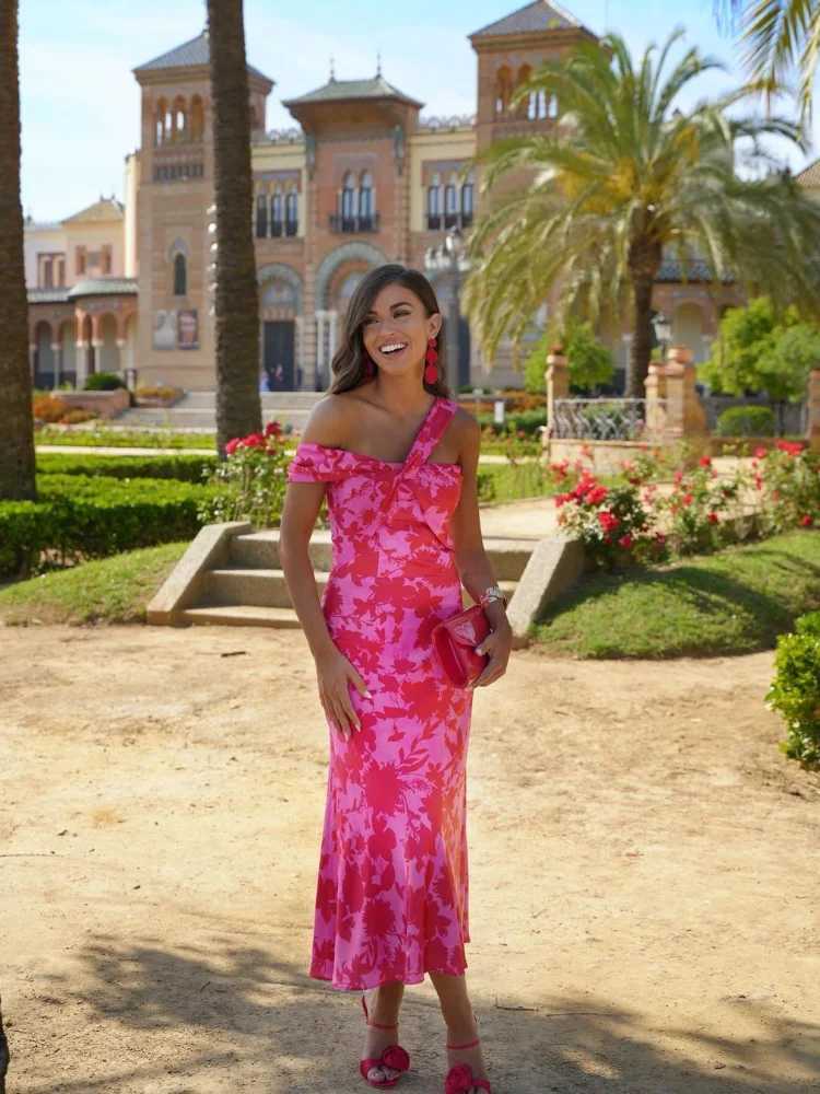 Basic Casual Dresses Elegant shoulder pink printed womens dress fashionable sleeveless slim fit dress summer new street party vest J250301