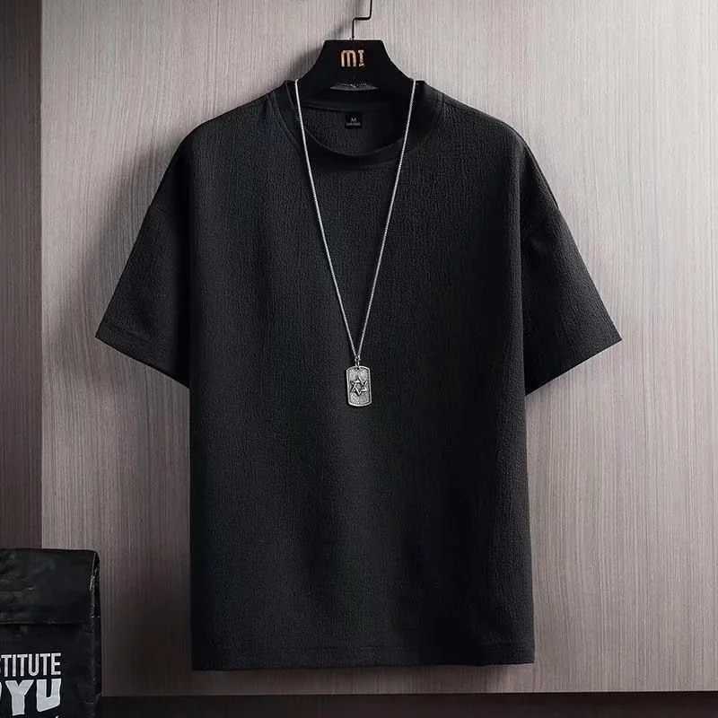 Mens Summer Linen Cotton Short Sleeve T-shirt Solid Loose White Five Point Bottomed Shirt Men Round Neck Tee TopsT250307
