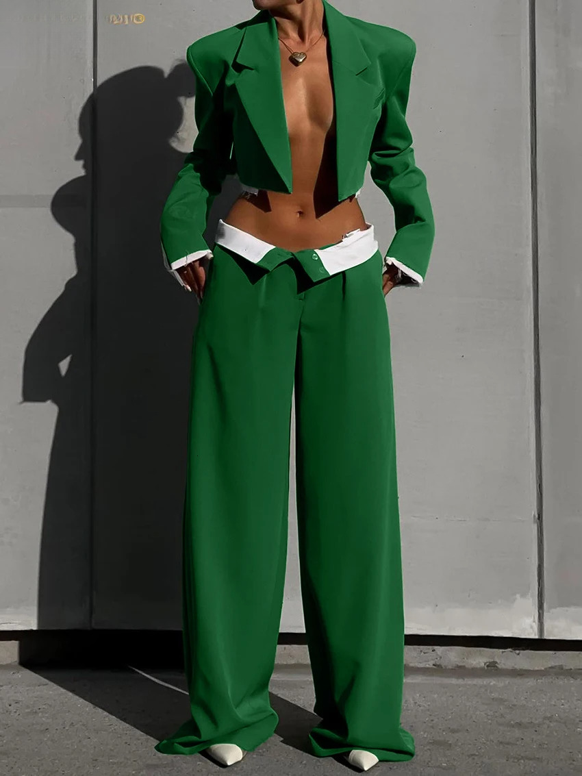 Sexy Loose Green 2 Piece Sets Women Outfit Fashion Long Sleeve Crop Shirt With Low Waist Wide Leg Pants Set Streetwear
