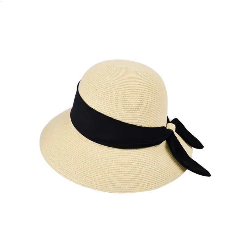 Summer Womens Sun Hat Wide Brim Foldable French Tie Straw UV Protection Casual Sun Hat for Outdoor Activities 55-58cm 250227