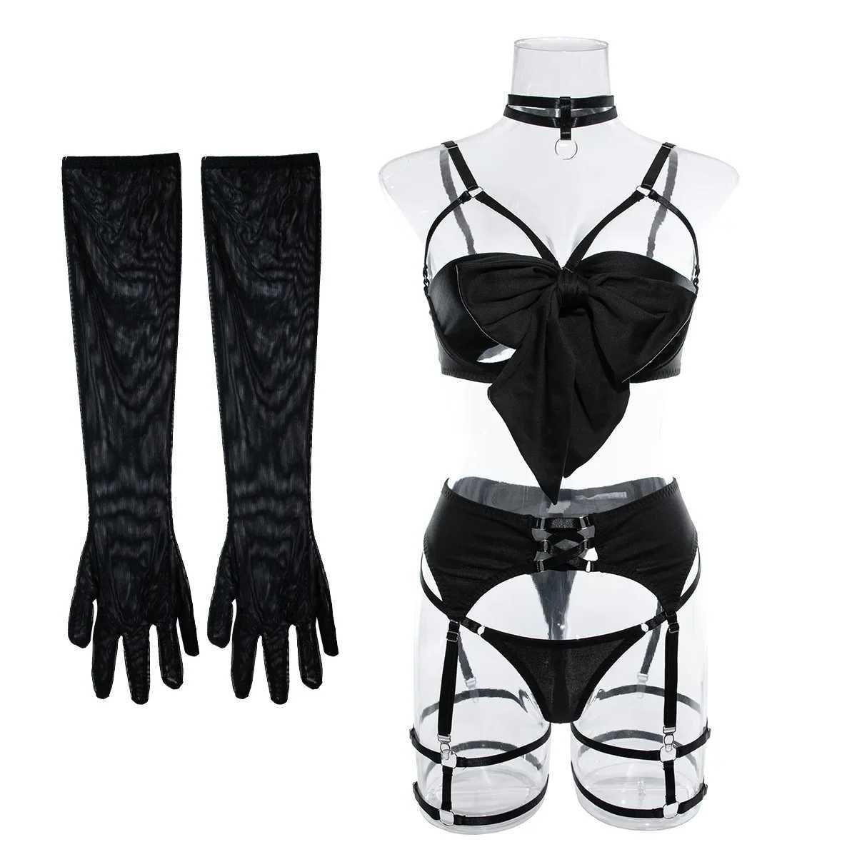 Sexy Hollow Out Bow Decor Lingerie Set Women Solid Exotic Apparel Suit Female Pure Desire Style Underwear with Garter and GlovesXJ250301