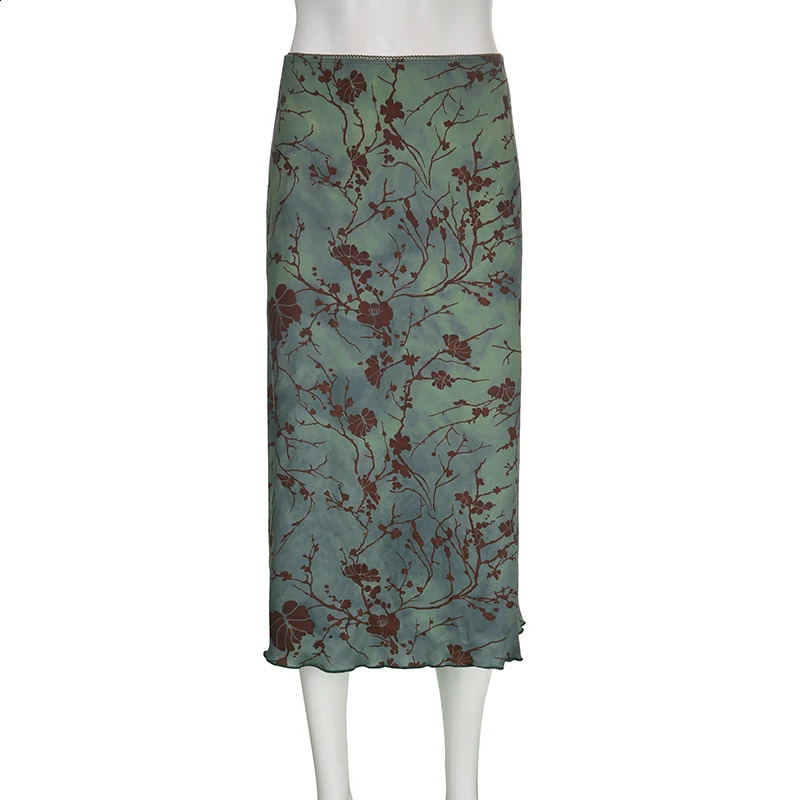 SUCHCUTE y2k Vintage Floral Printing Midi Skirts Women Harajuku Fairycore Green Straight Maxi Skirt Aesthetic Sweet Clothes 250224