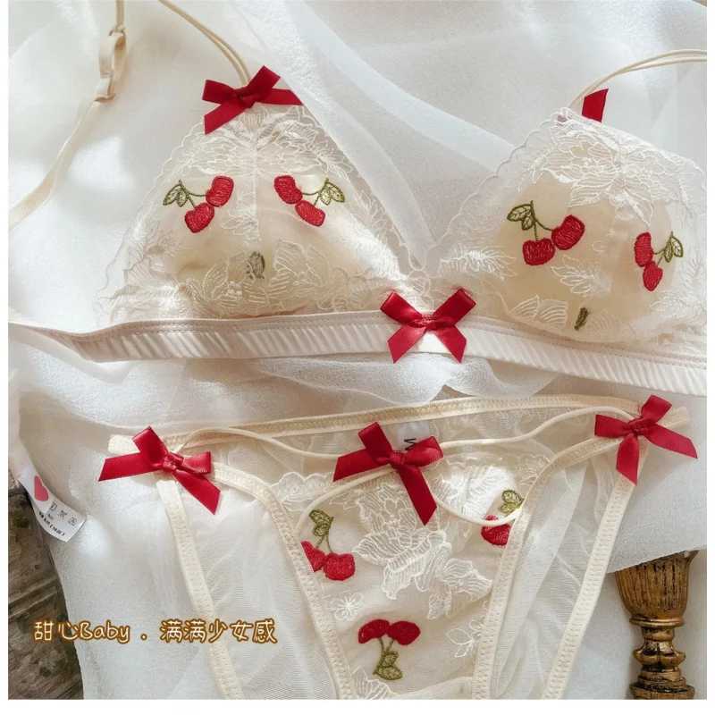 French Sexy Lace Embroidery Lingerie No Underwire Bra Set Cute BowXJ250301