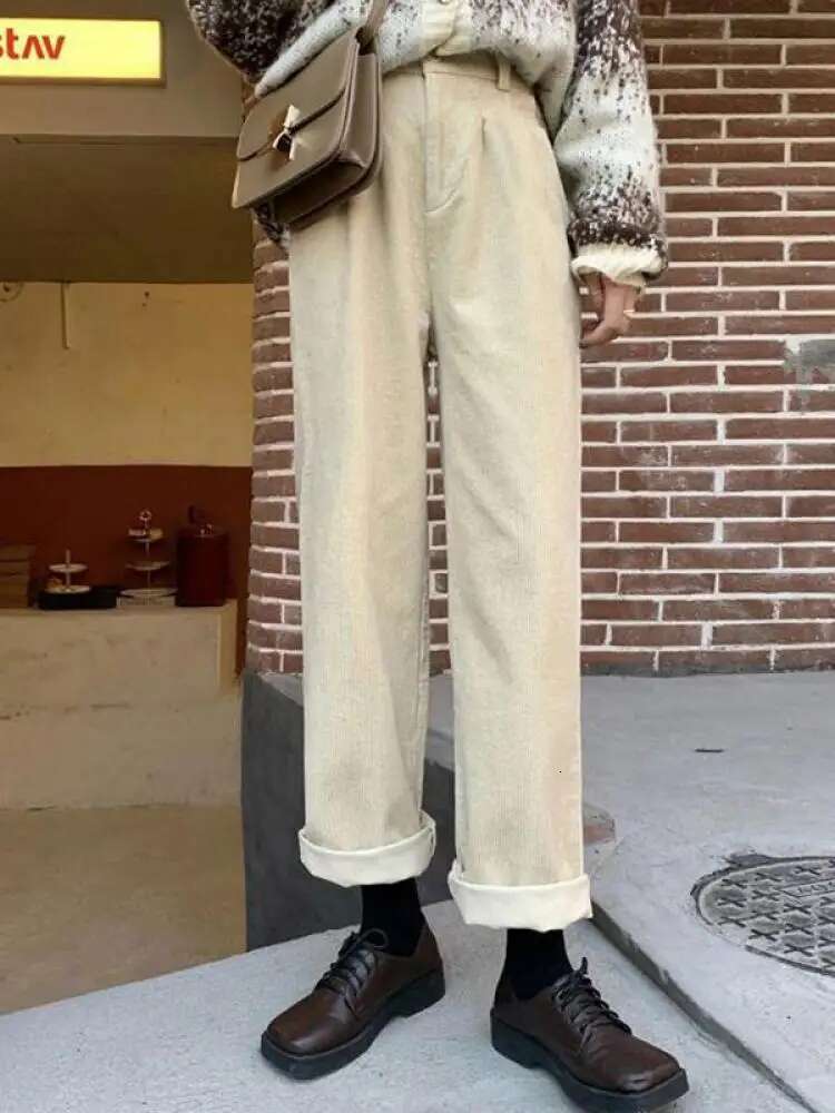 Vintage Corduroy High Waist Spring Straight Trousers Causal Pockets All Match Female Black Korean Pants