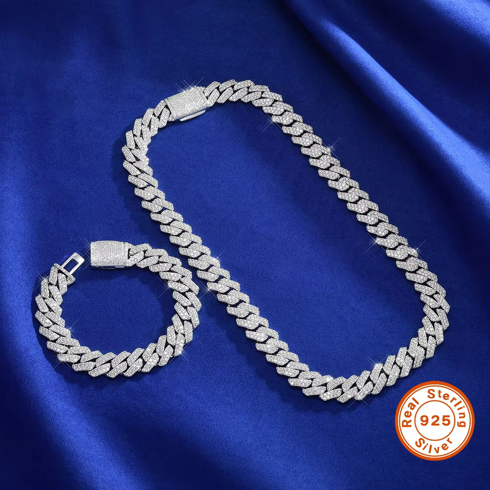 Hiphop S Sier Moissanite Dia Double Rig Cuban Bracelet and Necklace