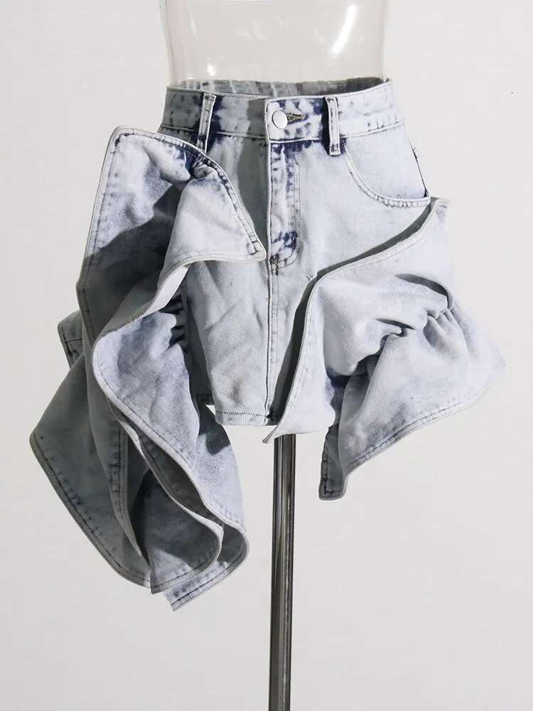 Colorblock Denim Skirts For Women High Waist Patchwork Ruffles Vintage Slimming Skirt Female Fashion Clothing Style