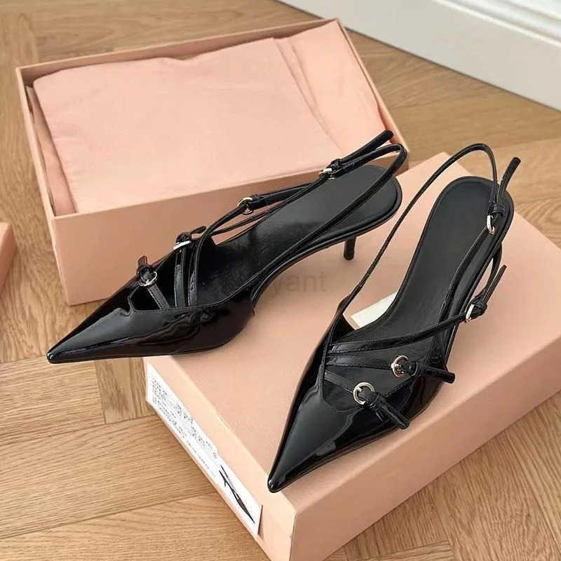 2024 Summer New High H Wens Sexy Hollow Black Silk Pointed One-line Buckle Skinny Heel Sandals Wens Shoes Z250326