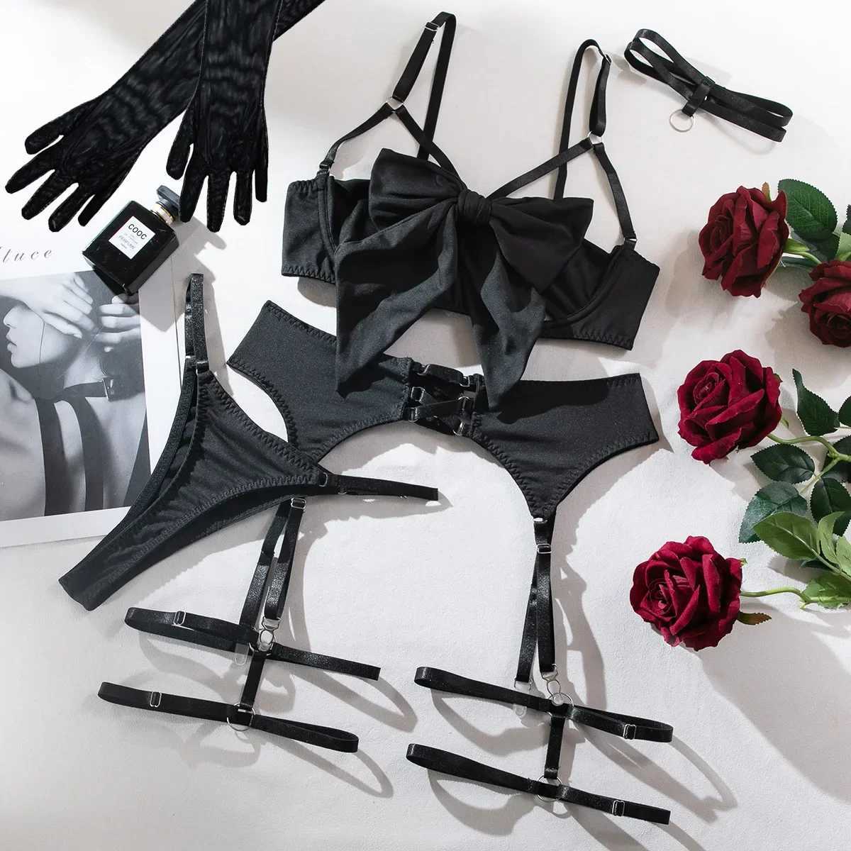 Sexy Hollow Out Bow Decor Lingerie Set Women Solid Exotic Apparel Suit Female Pure Desire Style Underwear with Garter and GlovesXJ250301