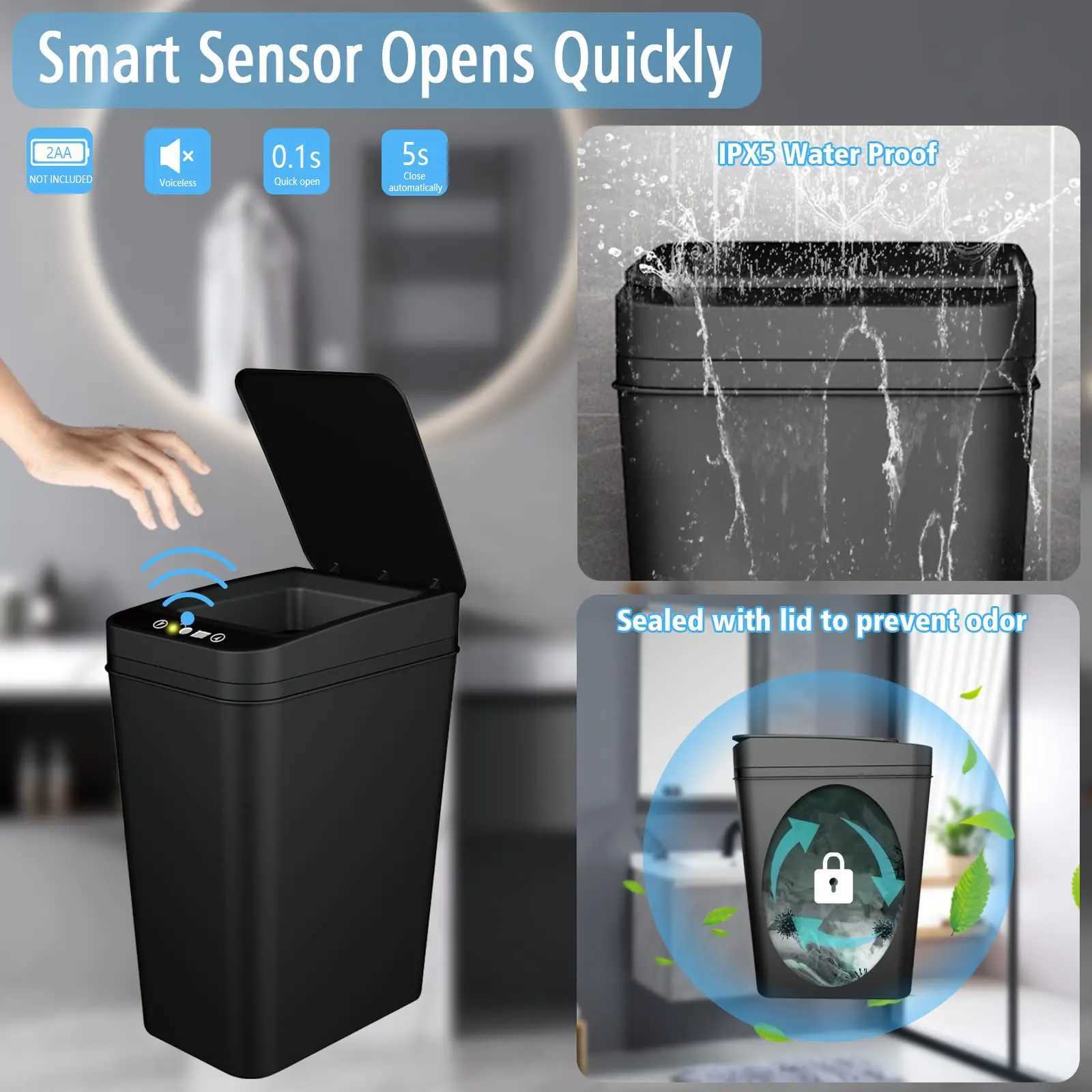 Bathroom Trash Can with Lid Touchless Autatic Garbage Can Slim Motion Sensor Smart Trash Bin for BedroomOffLiving Room Y250301