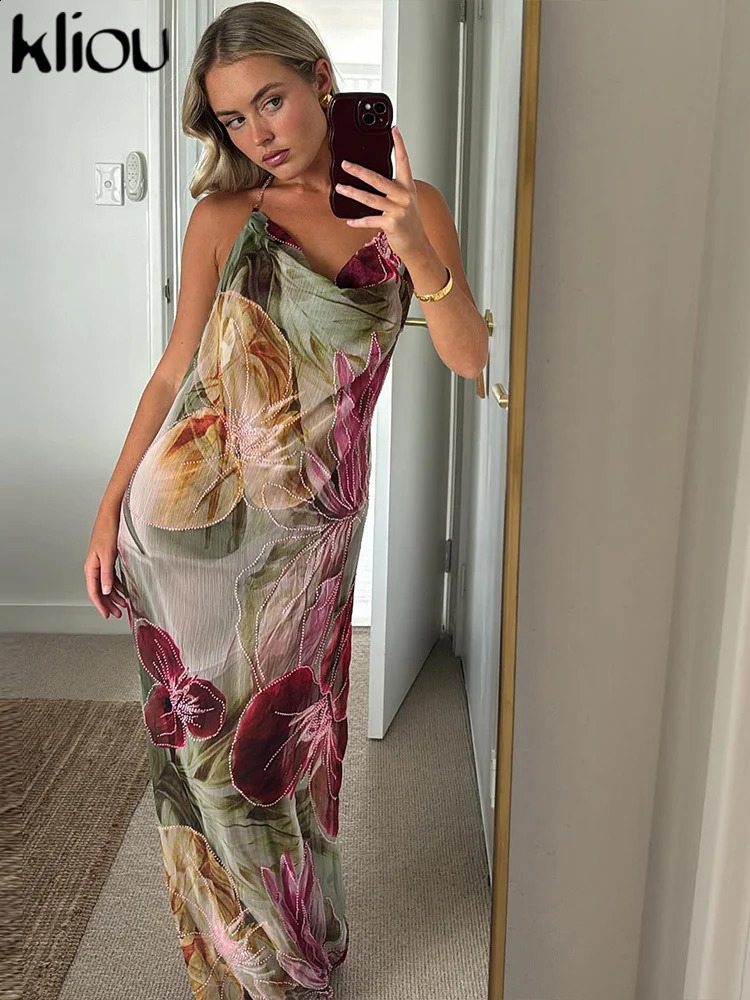 kliou Floral Print Women Dress Vacation Beach Style Suspendency Backless Halter Split Thin Vestidos Female Trend Attractive Wear 250224