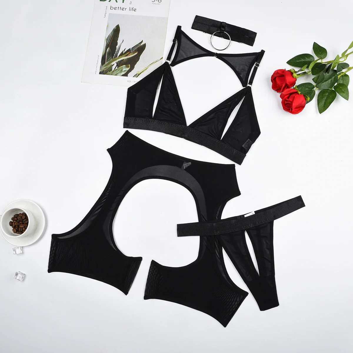 Ellolace Sensual Lingerie Open Bra Exotic Sets 4-Piece Sissy Crotchless Tulle Underwear Erotic Pron Fast Sets Fantasy OutfitsXJ250301