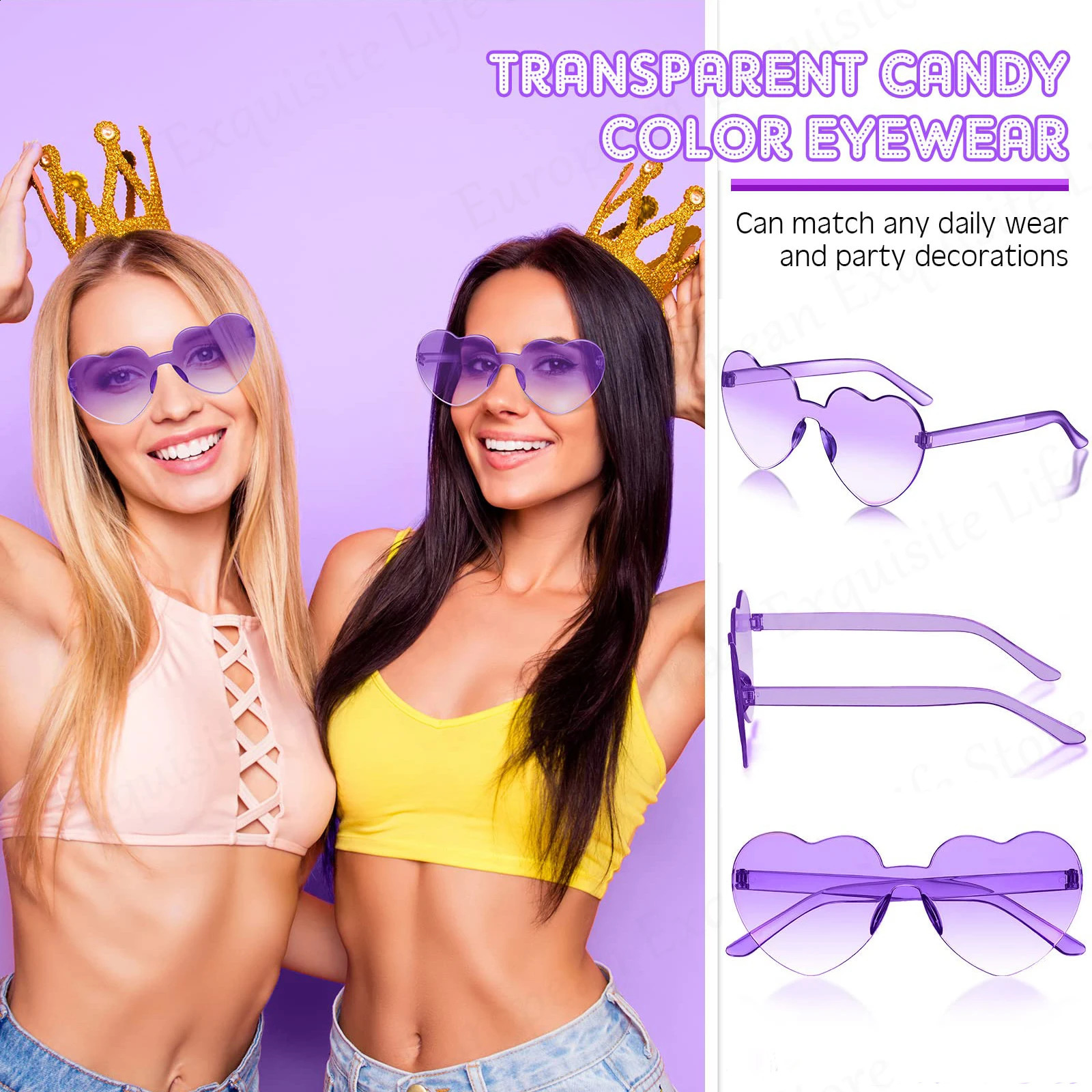 12/24/48Pcs Bachelor Party Sunglasses Heart Shaped Rimless Sunglasses Bulk Gradient Colorful Fun Sunglasses for Party Favor 250221