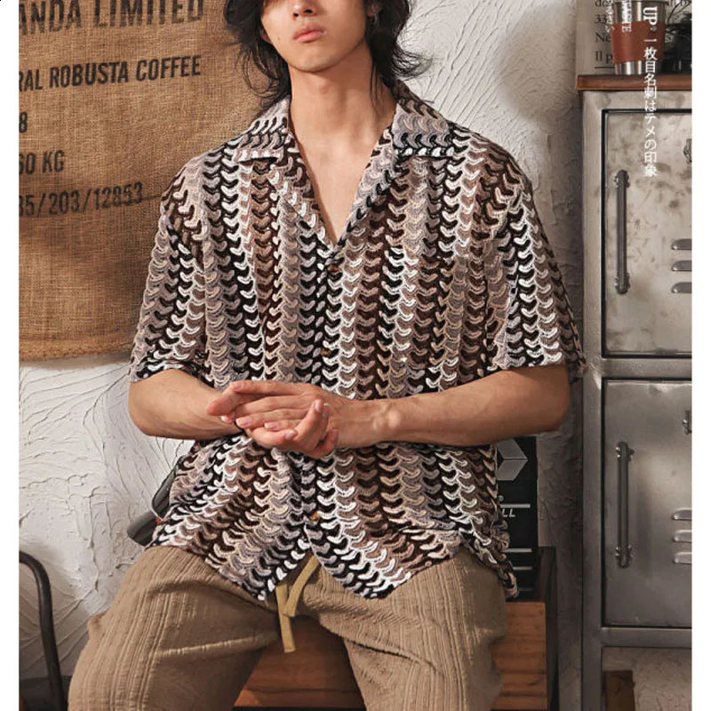 Japanese Style Summer Mens Turn-down Collar Button Hollow Out Contrast Color Jacquard Half Sleeve Loose Shirt Tops 250224