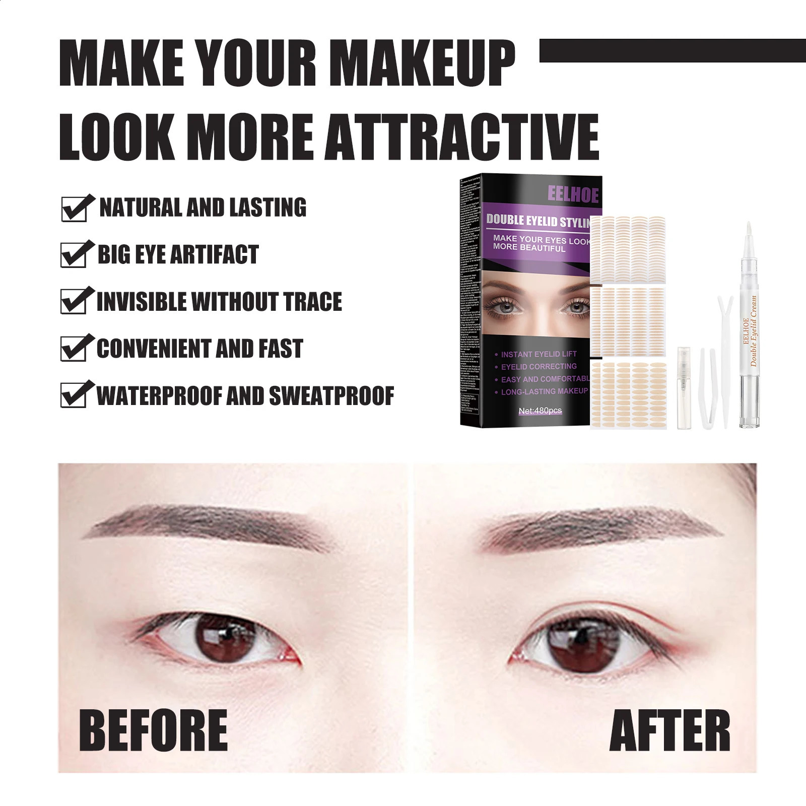 Breathable Double Eyelid Tape Eyelid Cream Small Clip Set Long-lasting Double Eyelid Self-adhesive Transparent Beige Big Eye 250224