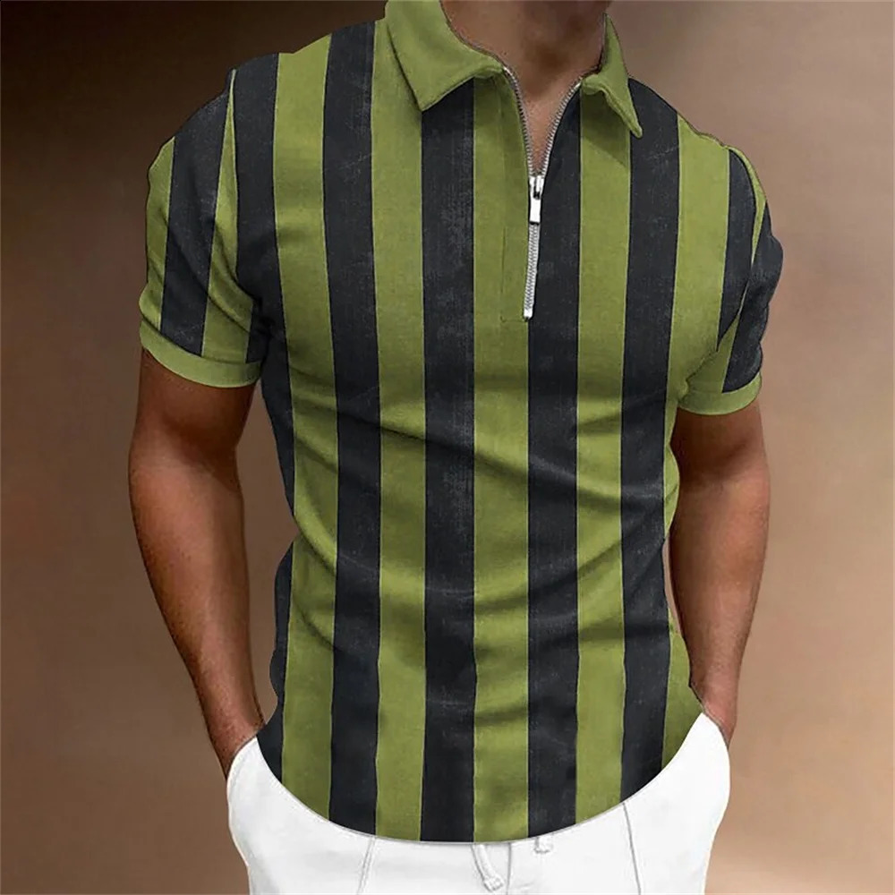 Striped Polo Shirt For Men 3d Print Golf Short Sleeve Top Summer Casual High Quality Clothing Tees Simple MenS Zip Polo T-Shirt 250228