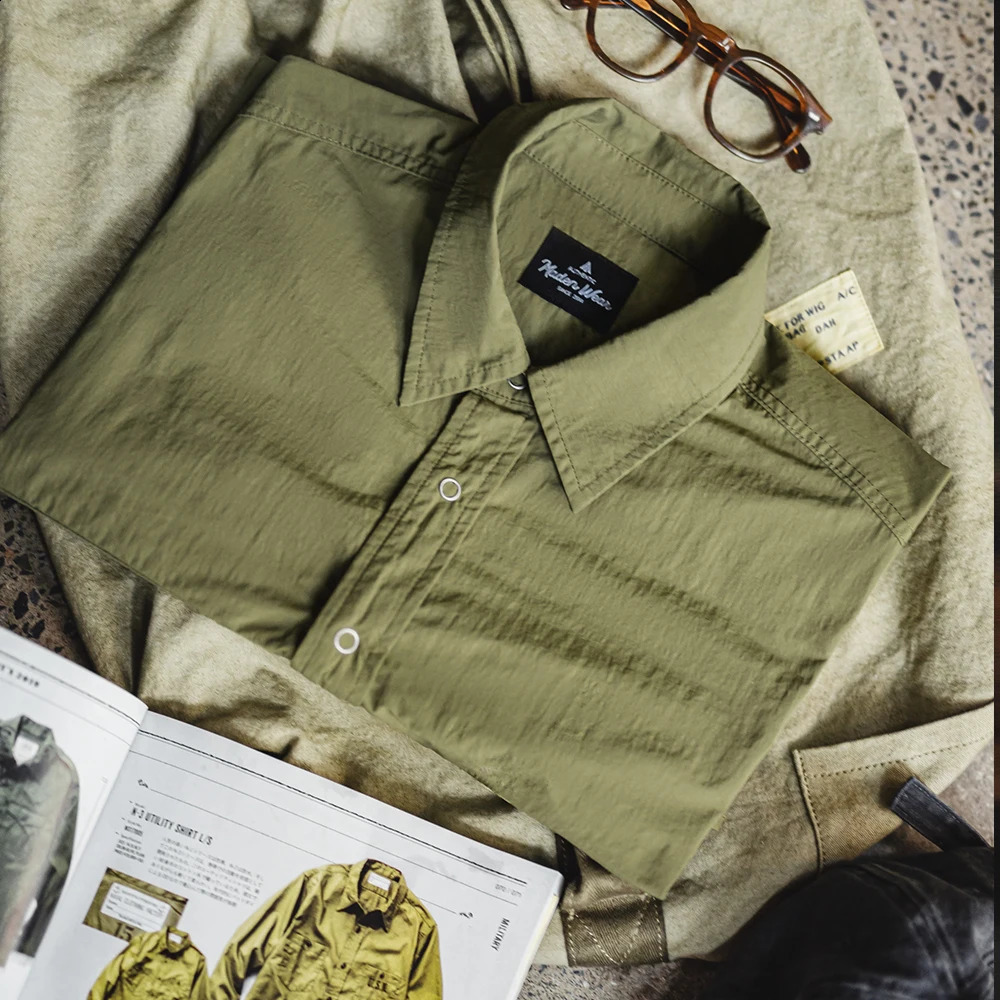 Maden Vintage Wrinkle Outdoor Shirt Casual Loose Green MultiPocket LongSleeve for Mens Spring and Fall Versatile Blouse 250226