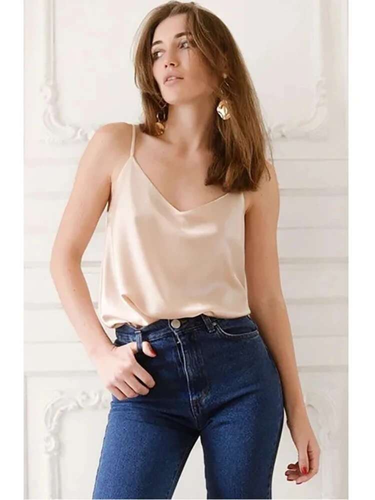 2024 Strap Top Women Halter V Neck Basic White Cami Sleeveless Satin Silk Tank Tops Women'S Summer Camisole