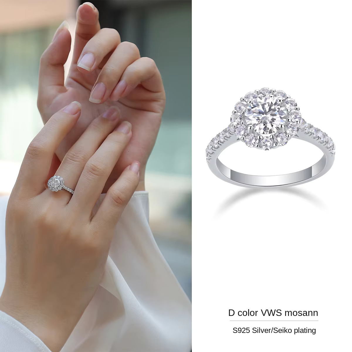 Wholesale Fine Jewelry S Sterg Sier Full Dia wers Inlay 6.5MM 1Carat Moissanite Engagement Women Ring
