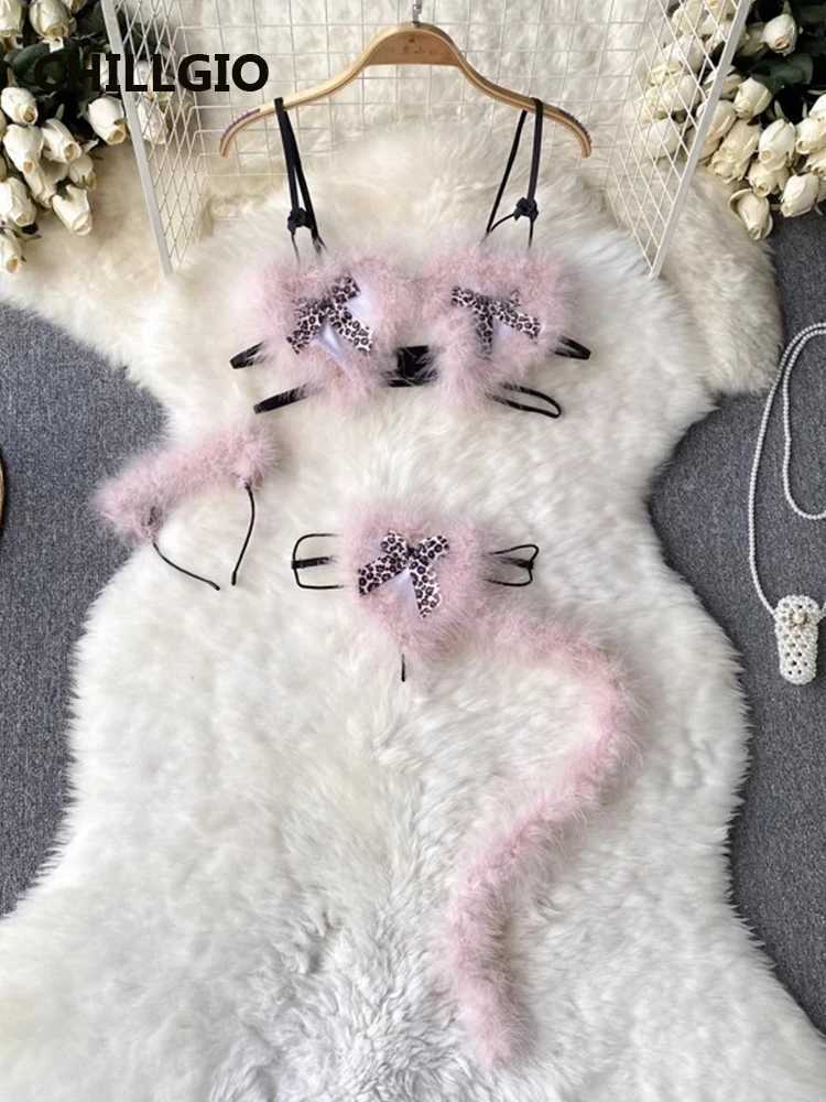 CHILLGIO Women Leopard Print Fur Bra Brief Suits Fashion Sleepwear Erotic Intimate Underwear Hotsweet Sexy Lingerie 4 Pieces SetXJ250301