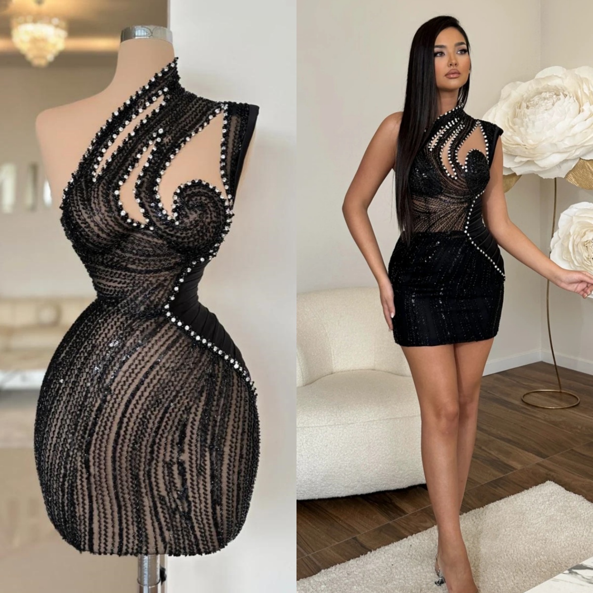 Simple Cocktail Prom Dresses One Shoulder Mini Short Evening Gowns Rhinestone Sleeveless Sequins Custom Made Graduation Ball Club Party Dress