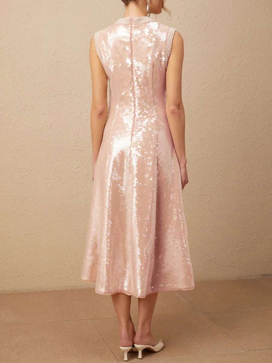 Spliced Beading Glitter Dress For Women Stand Collar Sleeveless High Waist Patchwork Sequins Slim Chic Midi Dresses Female