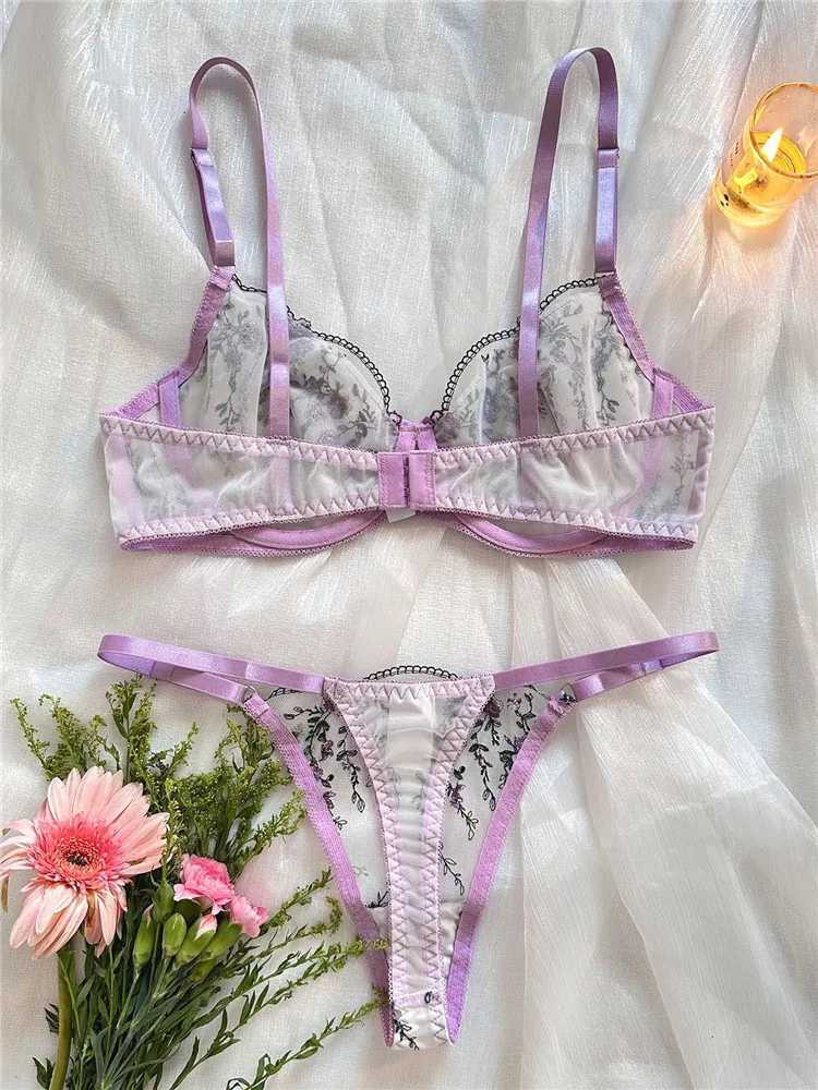 Sexy Bra Sets for Women Floral Transparent Lingerie Lace Embroidery Fairy Seamless Underwear See Through Exotic Bra Brief SetXJ250301