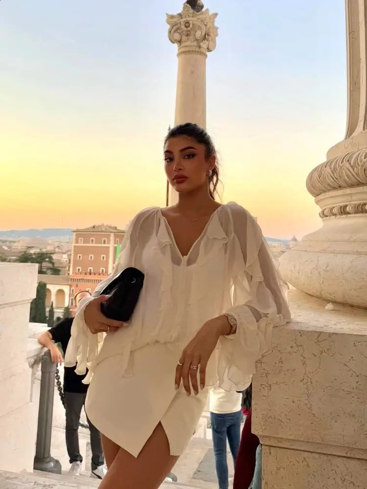 Elegant Solid Ruffle V-neck Long Sleeve Blouse Womens Chic Single Breasted Perspective Shirt Spring Lady Commute Tops 250225