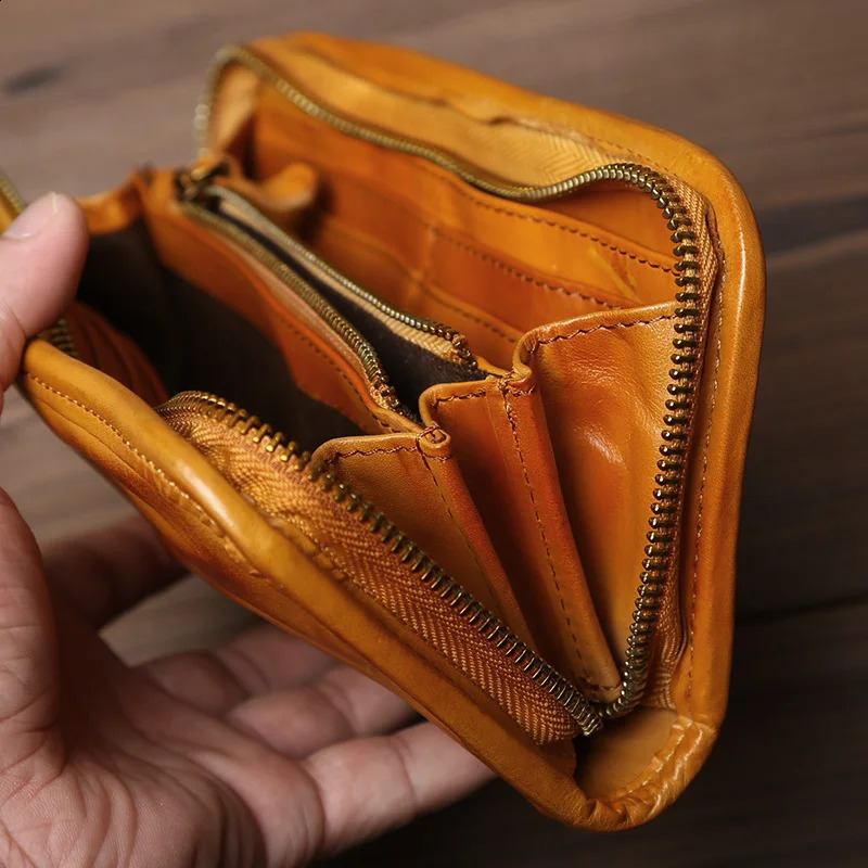 Genuine Leather Long Zipper Wallet Mens Vegetable Tanned Leather Vintage Multi-card Simple Clutch 250228