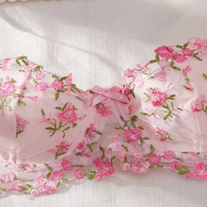 Sexy Floral Embroidery Lingerie Set Autumn Pure Desire Style Hollow Out Lace Underwear Bra Female Sweet Pink Exotic Apparel SuitXJ250301