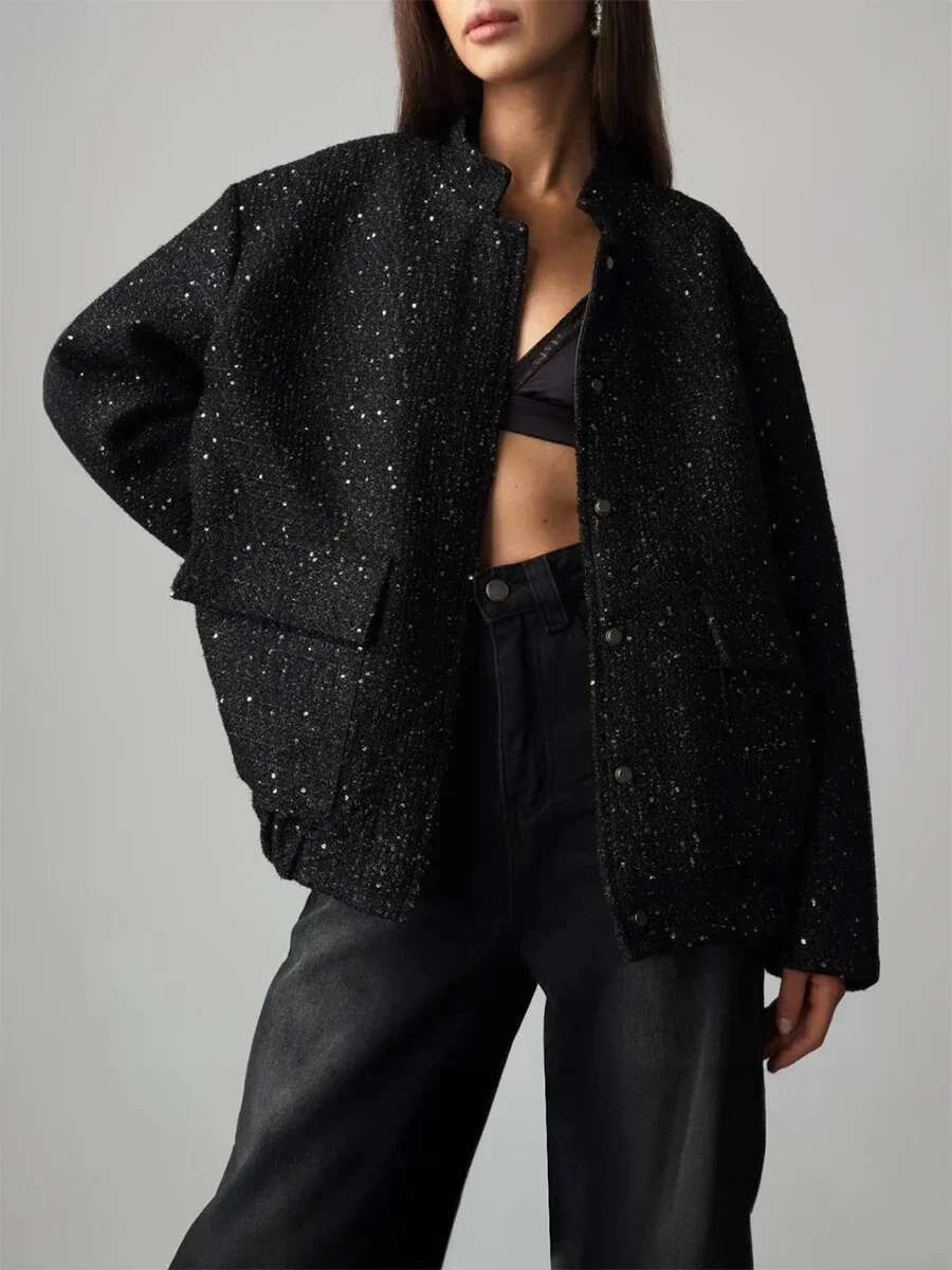 Loose Tweed Sequin Jacket Women Fashion Coat Trend Versatile Warm Chic Elegant Female Coats Stylish Woman Clothes