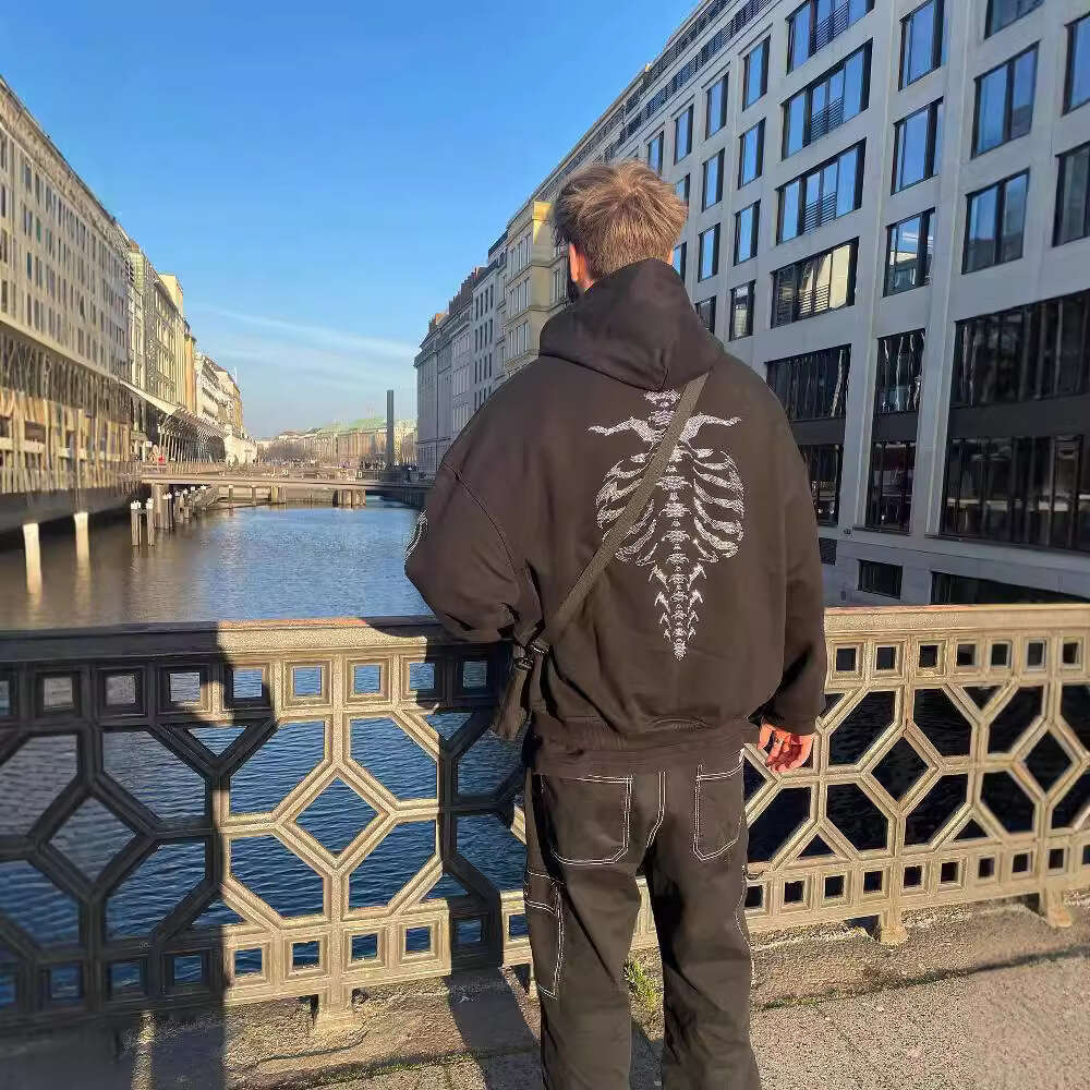 fashion new loose hoodie with cardigan zipper skull letter hot stamping print gift for man