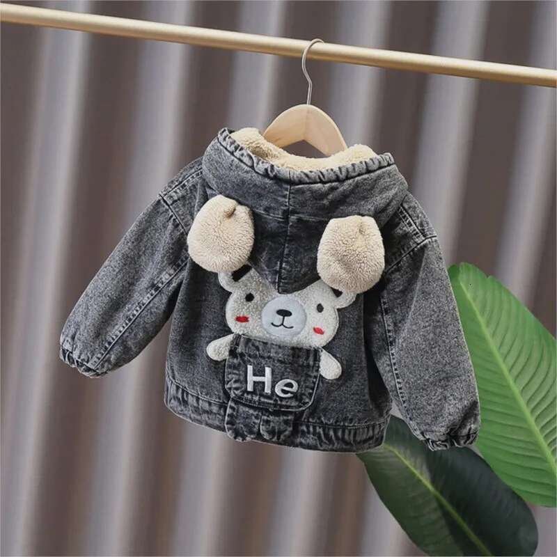 Ddmyshoesvip Korean Autumn Winter Girl Denim Jacket Cartoon Bear Hooded Plus Veet Boy Outerwear Coat Year Kids Parka Outfit